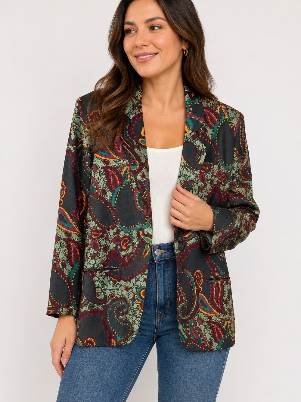 Vintage Paisley Print Silk Blazer Jacket in Multicolor Size Medium